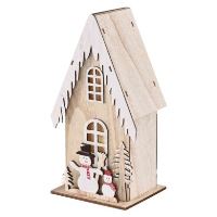 LED dekorace dřevěná – domek se sněhuláky, 28,5 cm, 2x AA, vnitřní, teplá bílá, časovač (7)