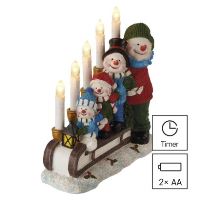 LED svícen – sněhuláci na saních, 24 cm, 2x AA, vnitřní, teplá bílá, časovač (5)