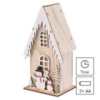 LED dekorace dřevěná – domek se sněhuláky, 28,5 cm, 2x AA, vnitřní, teplá bílá, časovač (4)