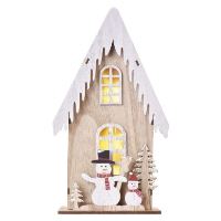 LED dekorace dřevěná – domek se sněhuláky, 28,5 cm, 2x AA, vnitřní, teplá bílá, časovač (1)