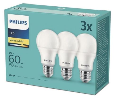 Žárovka LED 9W-60 E27 2700K (3ks) Philips