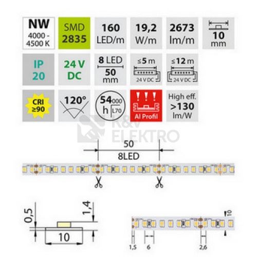 MCLED Pásek LED SMD2835 NW, 160LED/m, 19,2W/m, DC 24V, 2673lm/m, CRI90, IP20, 10mm, 50m