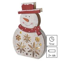 LED vánoční sněhulák dřevěný, 30 cm, 2x AA, vnitřní, teplá bílá, časovač (4)