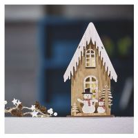 LED dekorace dřevěná – domek se sněhuláky, 28,5 cm, 2x AA, vnitřní, teplá bílá, časovač (3)