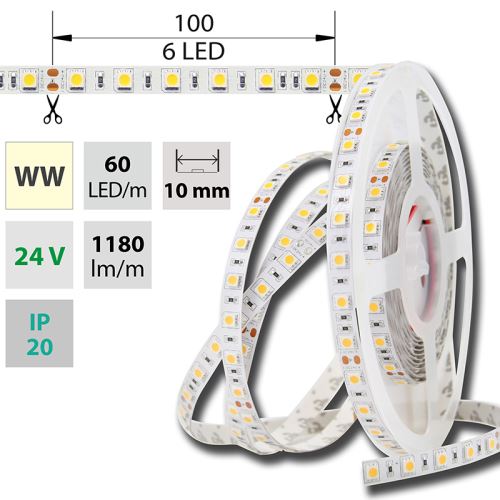 MCLED Pásek LED SMD5050 WW, 60LED/m, 14,4W/m, DC 24V, 1152lm/m, IP20, 10mm